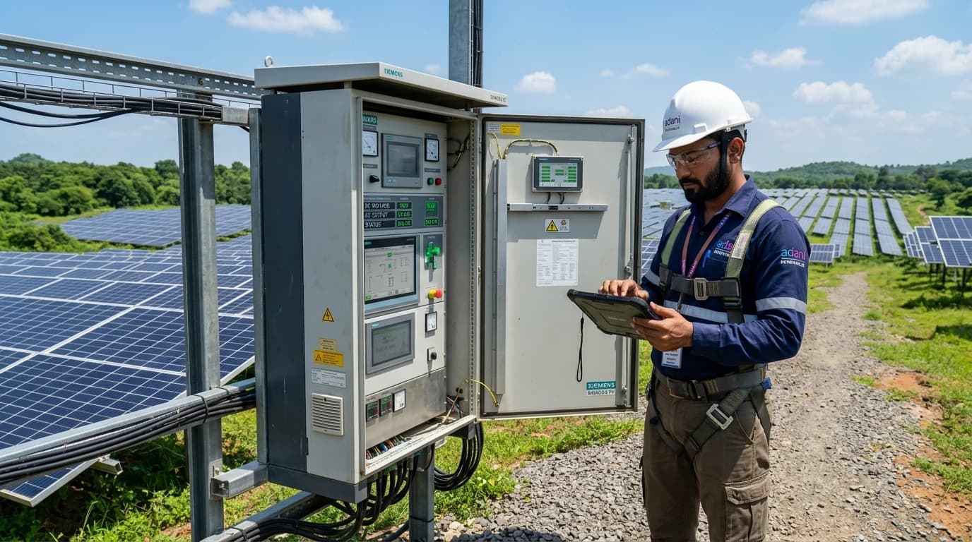 Indian solar project engineer inspecting solar inverter and green solar PV farm array