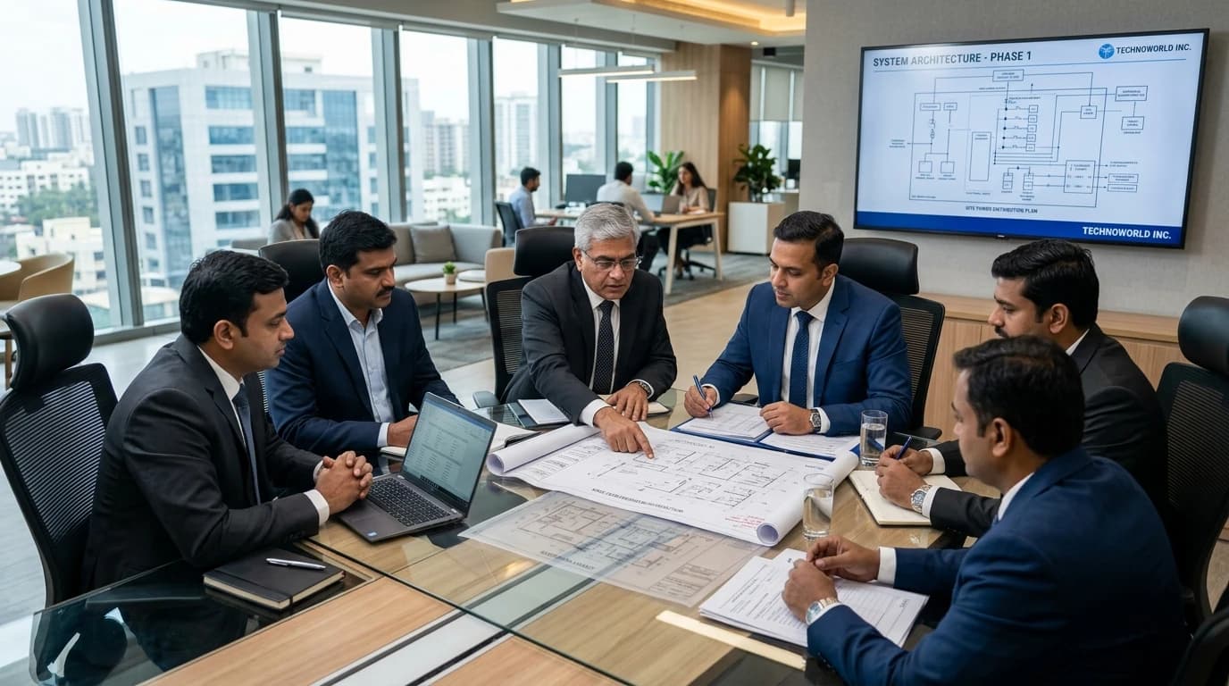Indian corporate leaders and engineering directors reviewing technical compliance and blueprints