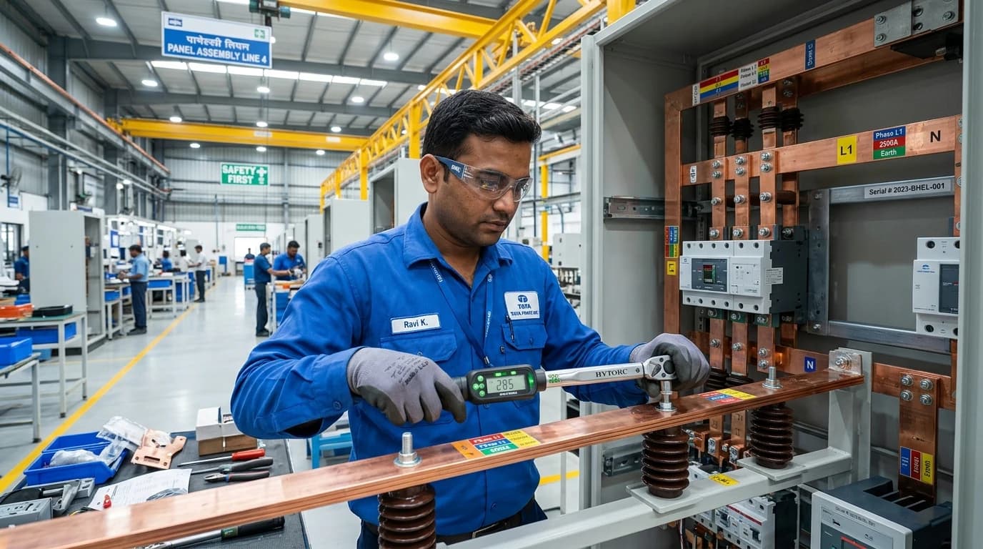 Indian electrical engineer precision torquing copper busbars in switchgear manufacturing line