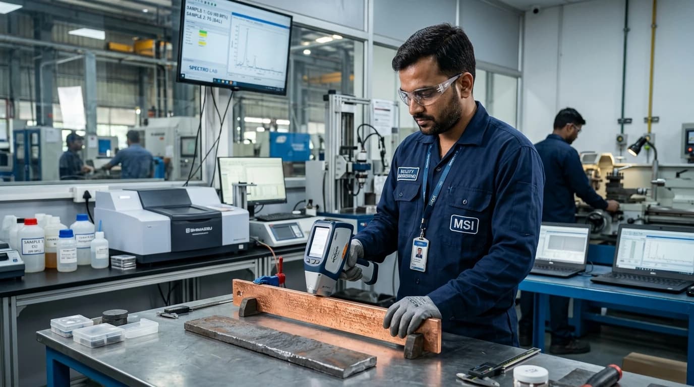 Indian metallurgical engineer performing spectrometry testing on raw copper and steel in lab