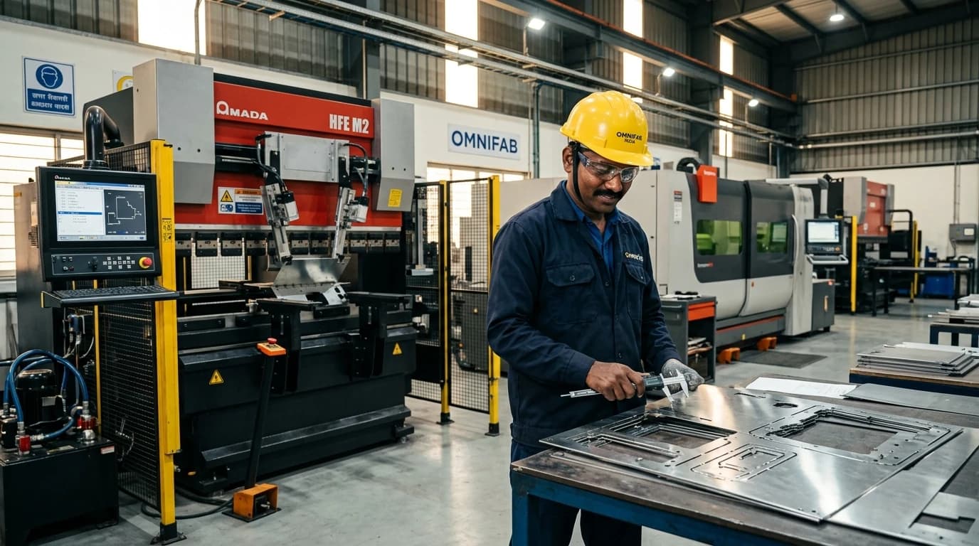 Indian CNC technician inspecting fiber laser cut sheet metal panel tolerances in plant