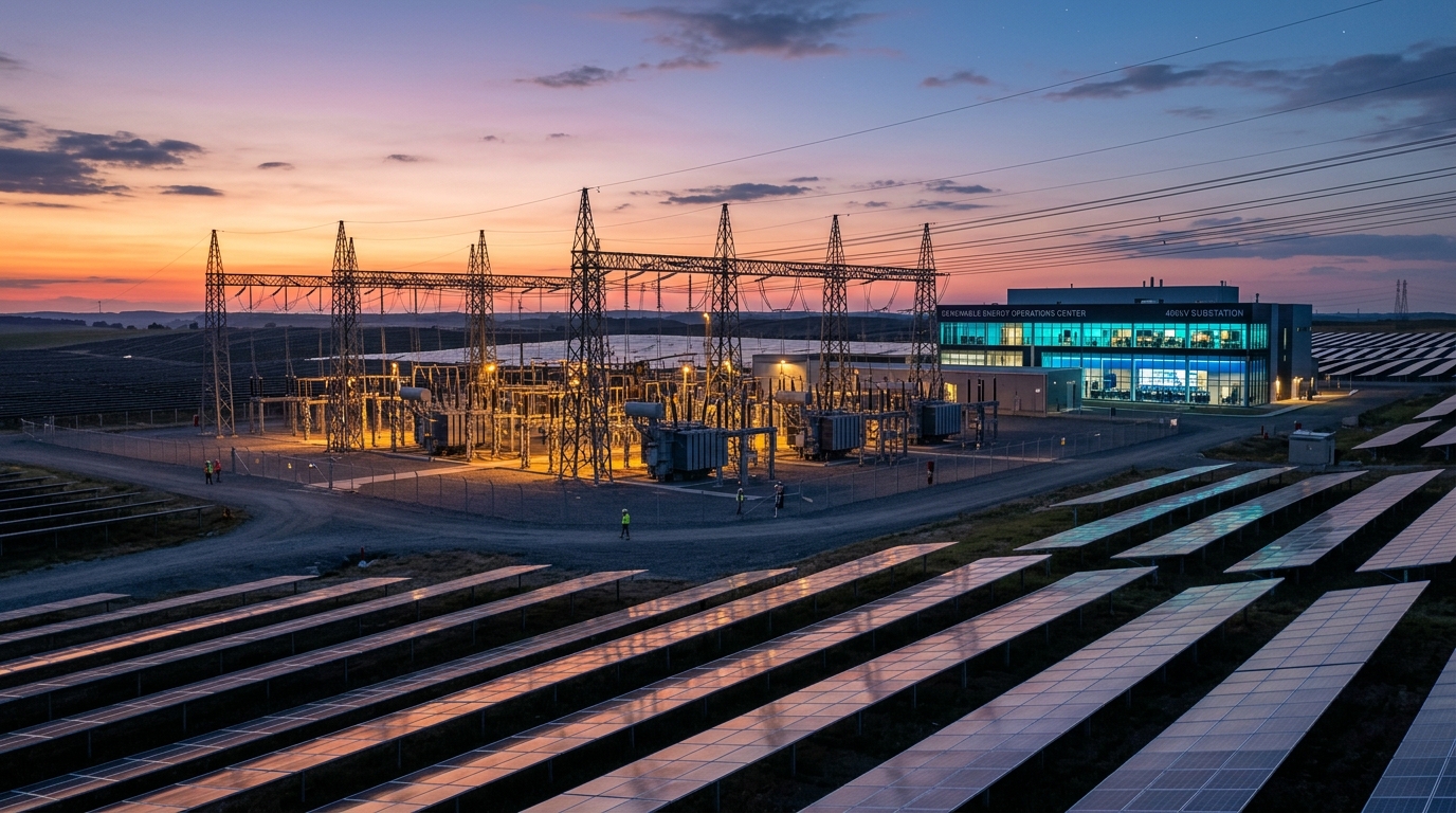 Cinematic landmark utility solar array, 400kV EHV substation, and smart telemetry operations center