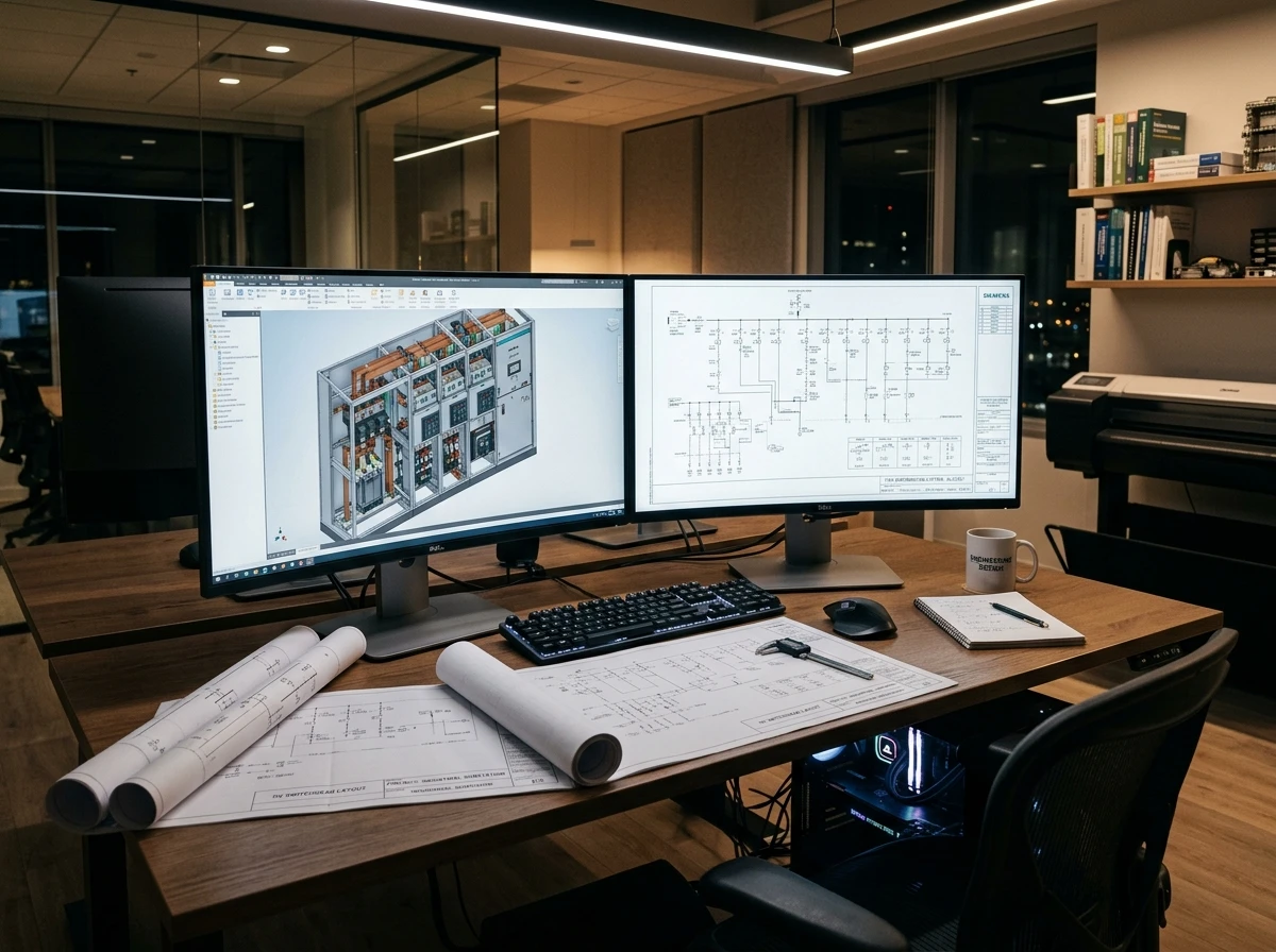 Centralized engineering design HQ with CAD switchboard single-line diagram layouts